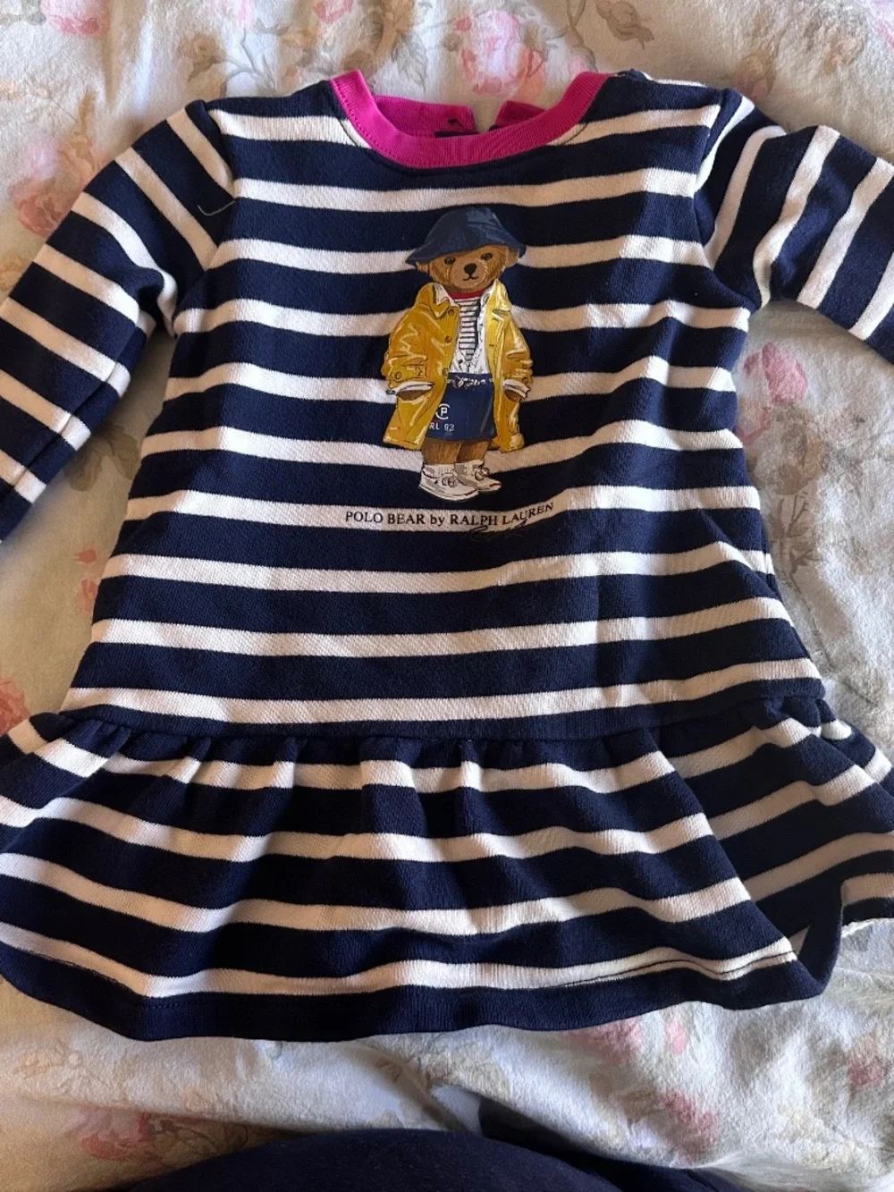 Ralph Lauren Polo Bear Navy Stripe Long Sleeve Dress Girls 12M